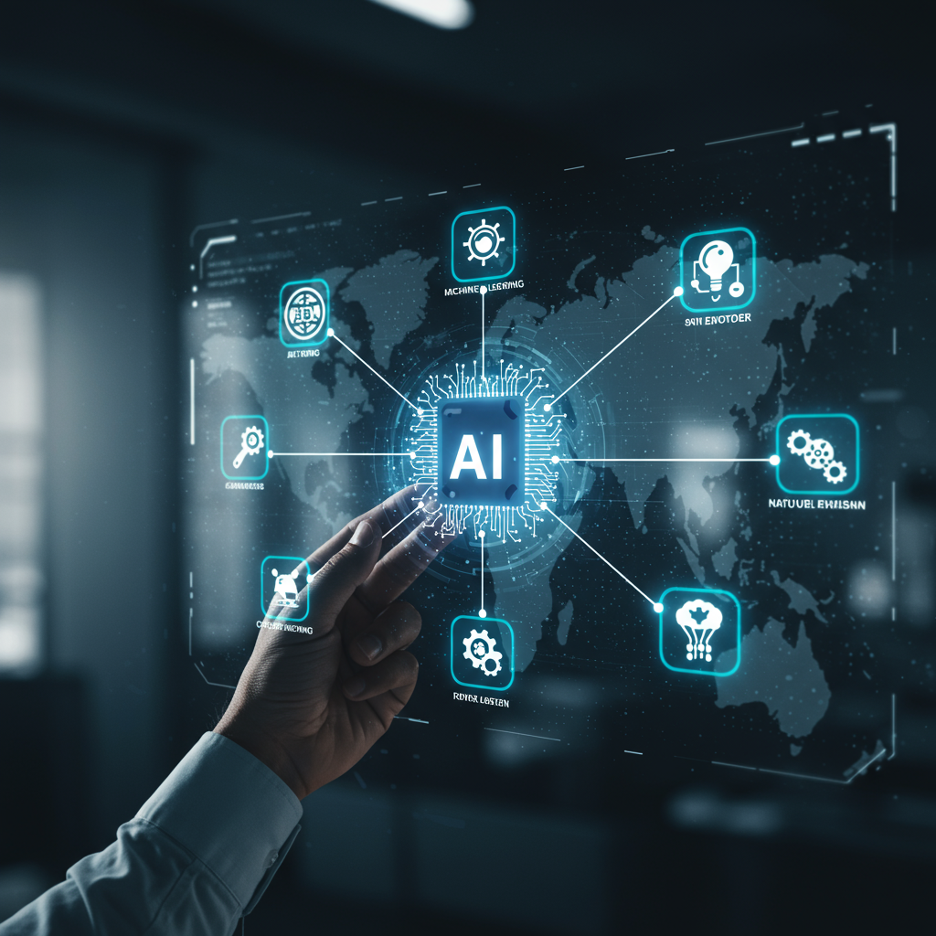 A futuristic digital dashboard displaying interconnected icons of leading AI tools, representing the diverse and innovative AI ecosystem in 2025.