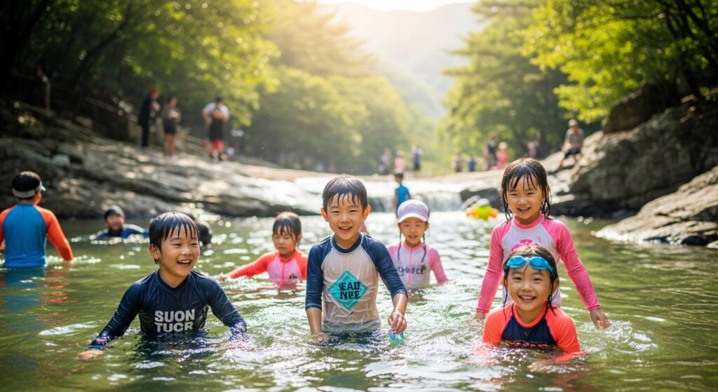 가평 가일계곡에서 아이들이 안전하게 물놀이하는 모습