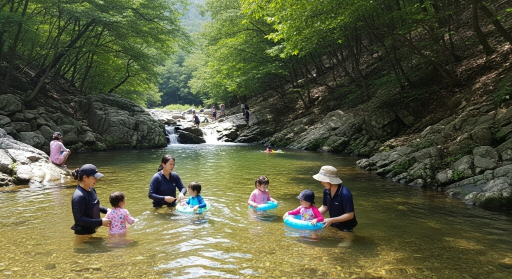 홍천 수타계곡의 얕은 물에서 아이들이 부모님들과 첨벙거리며 노는 모습