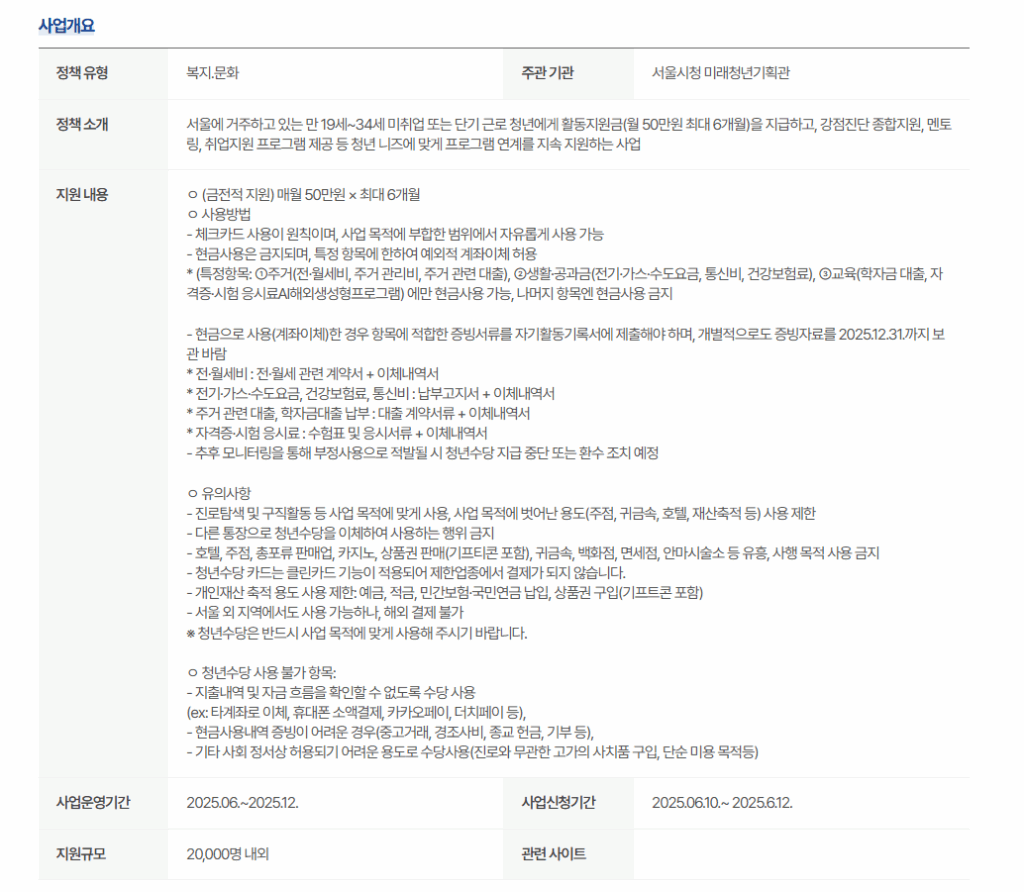 서울시 청년수당 2025년 사업개요