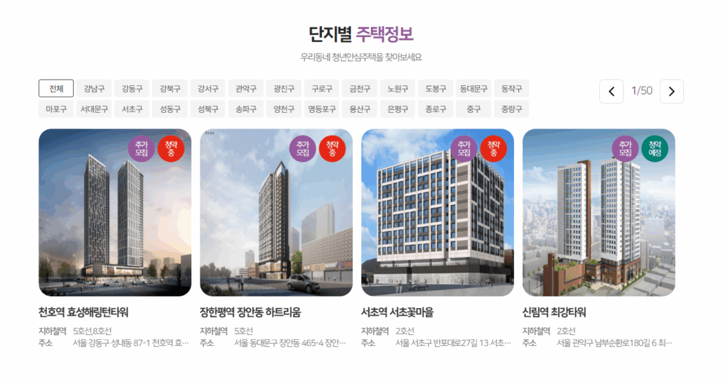 청년안심주택 단지별 주택 정보