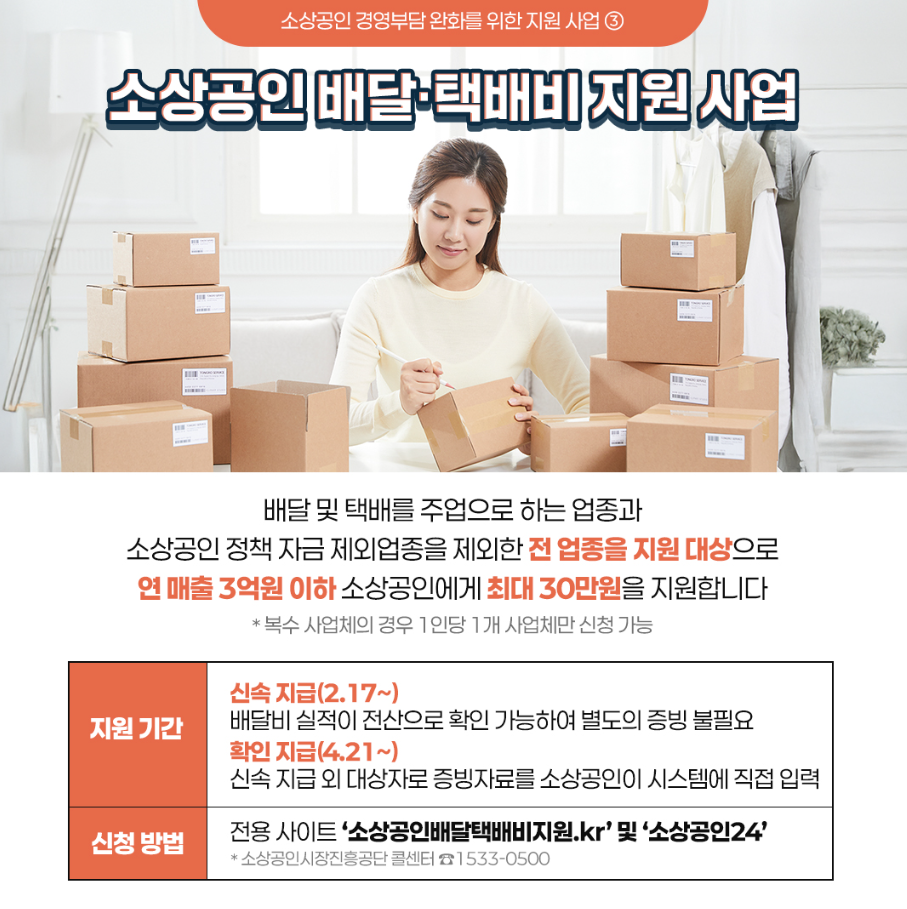 소상공인이 스마트폰으로 배달택배비 지원사업을 신청하여 부담 없이 택배 송장을 쓰는 모습