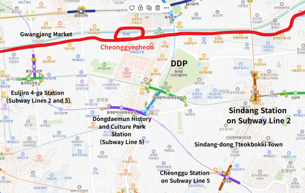 DDP Nearby Cheonggyecheon & Gwangjang Market Evening walk from DDP to Cheonggyecheon and Gwangjang Market area