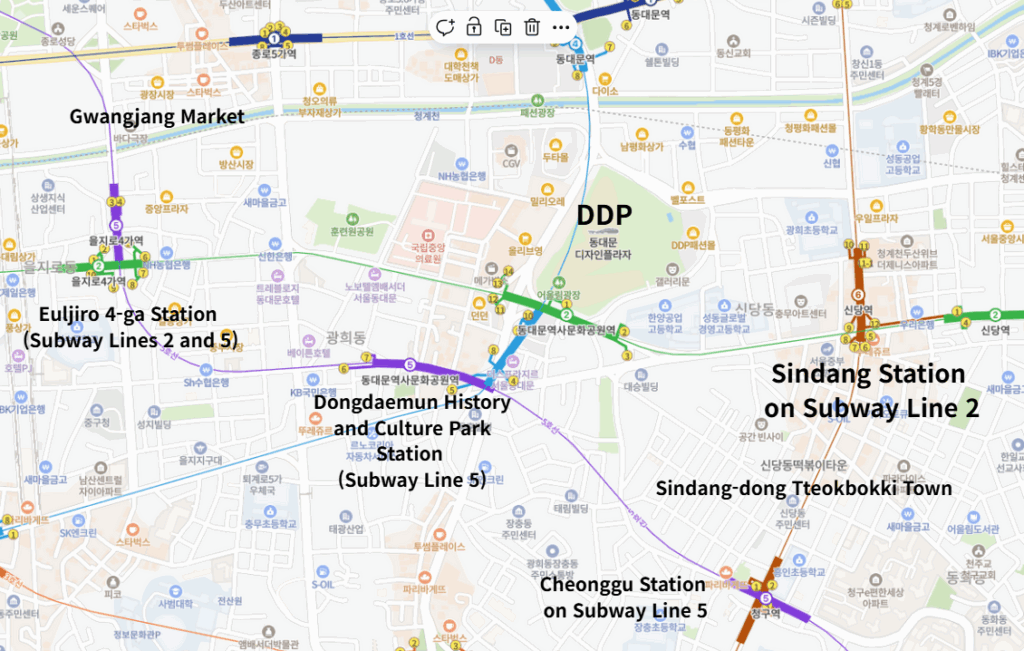DDP to Sindang Tteokbokki Town A short walk or subway ride links DDP and Sindang-dong food alleys.