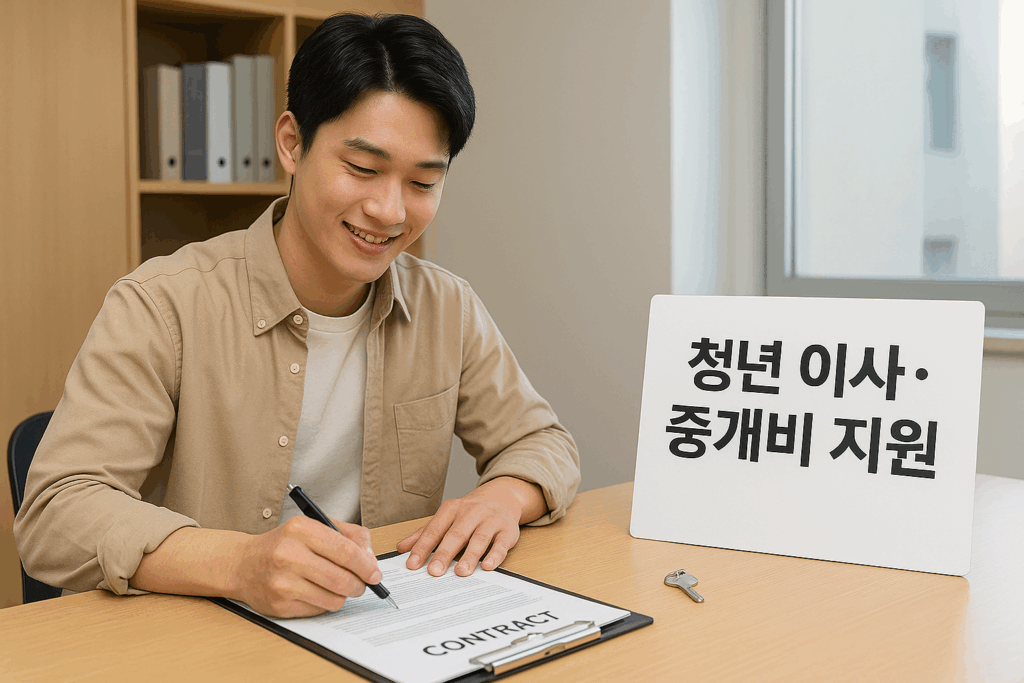 청년 부동산 중개보수 이사비 지원을 받아 부동산 계약서를 쓰는 청년 이미지