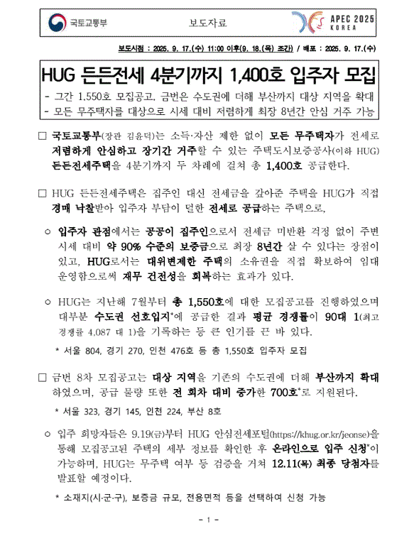2025년 든든전세주택 1400가구 공급 안내  보도자료