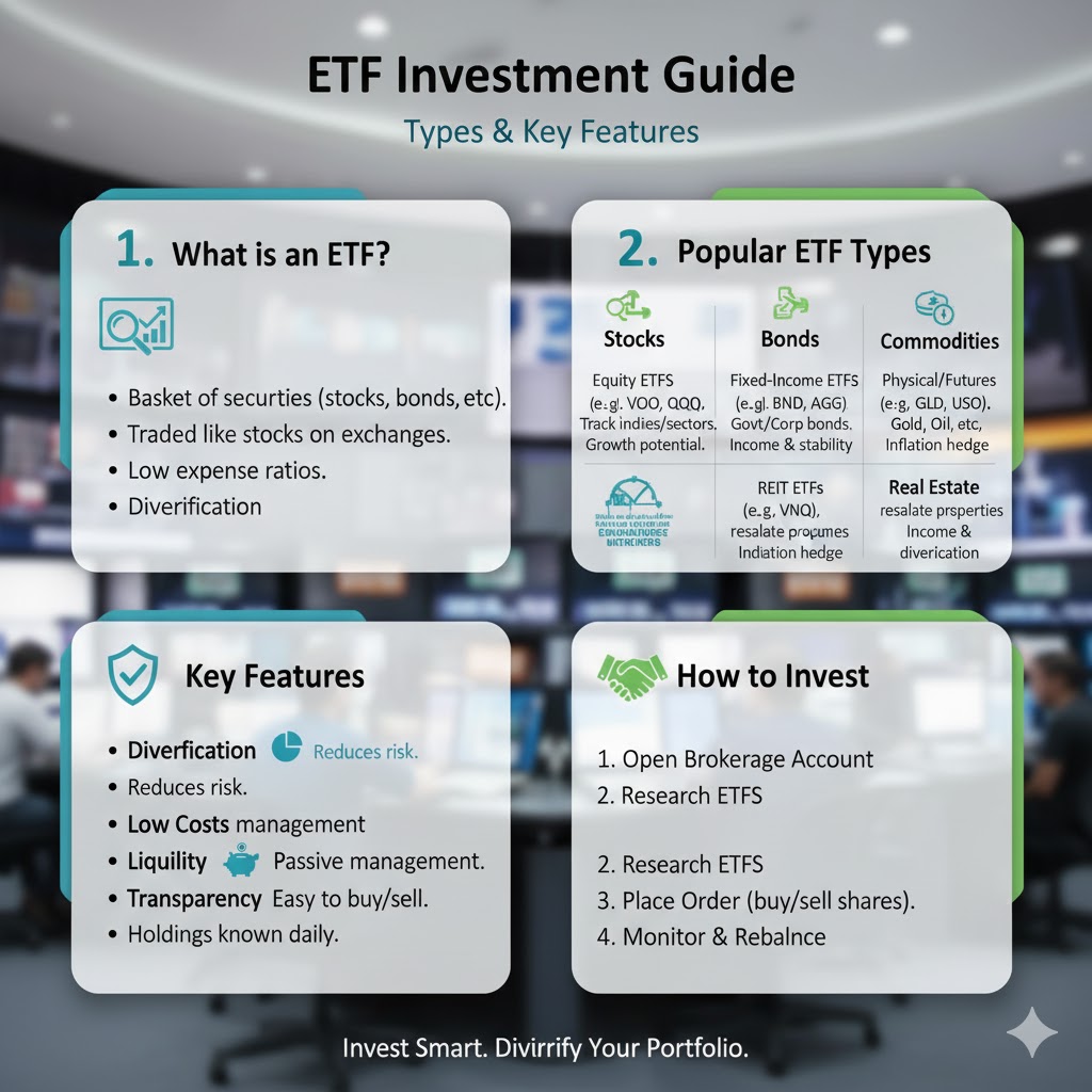 ETF 투자 가이드 인포그래픽 - ETF 종류와 특징 설명