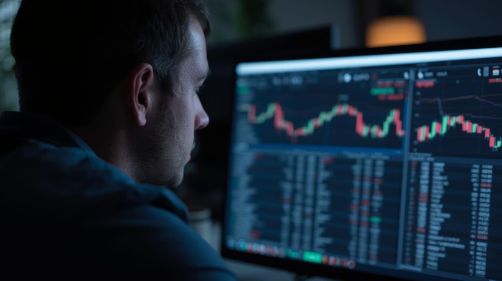 컴퓨터로 QQQ 관련 ETF 종류를 신중하게 분석하는 투자자