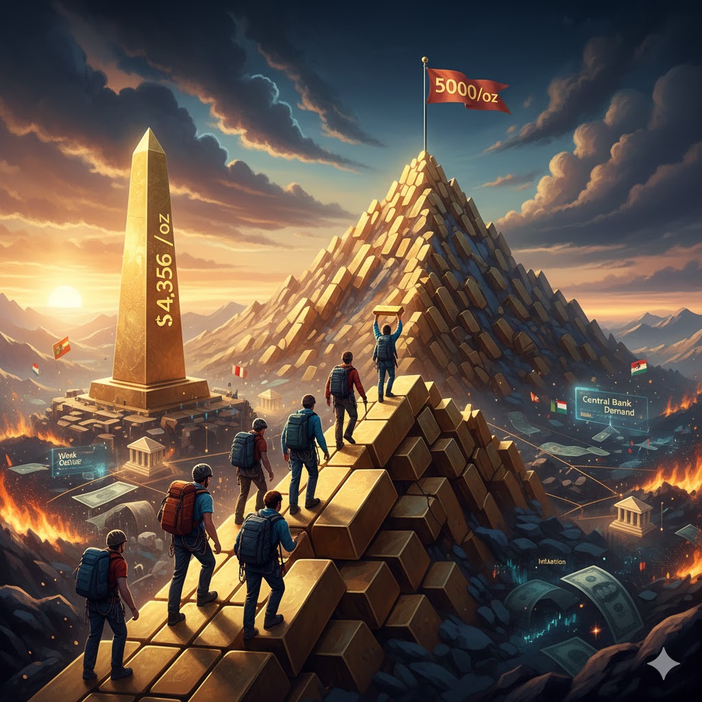 5,000달러 목표를 향해 달려가는 금괴와 투자자 이미지