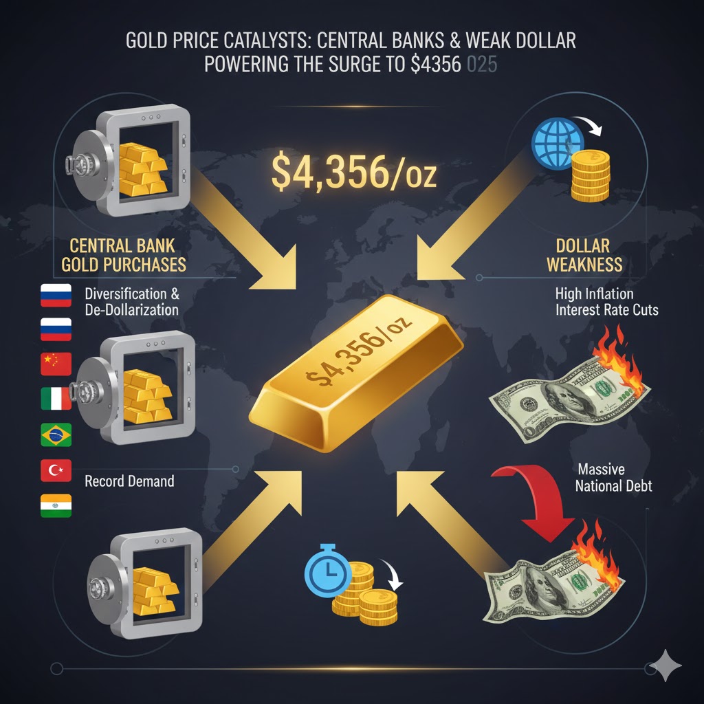 금 가격 4,356달러를 견인하는 중앙은행 금 매입 및 달러 약세 요인