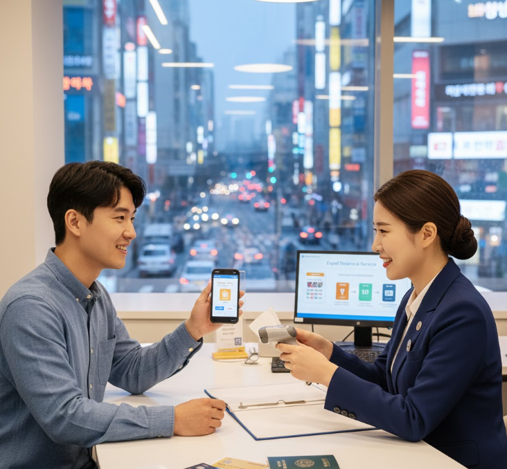 An expat at a Korean bank branch applying for a credit card.