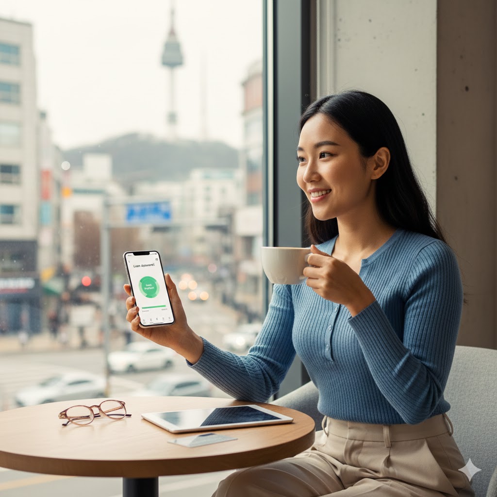 A happy foreign resident in Korea successfully using a mobile banking app.