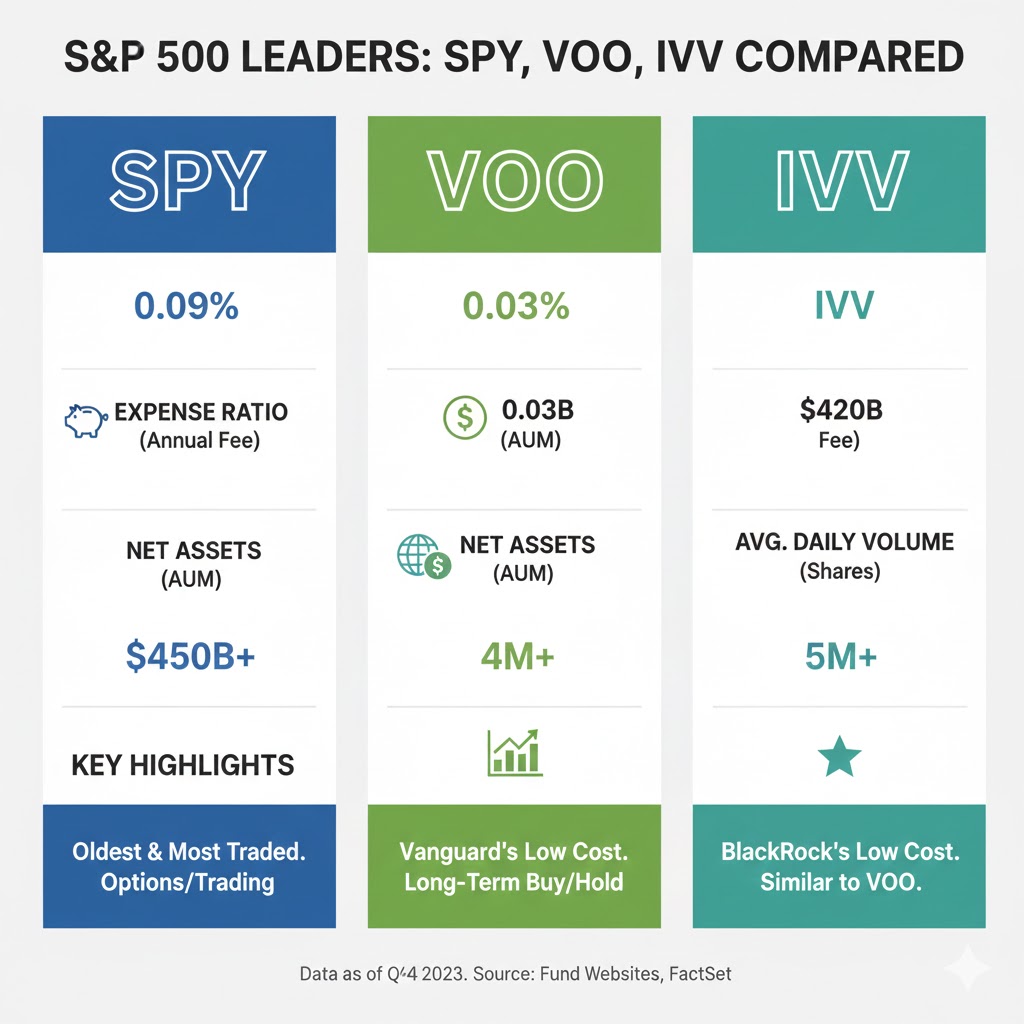 S&P 500 ETF 비교 인포그래픽, SPY VOO IVV 운용보수 비교표