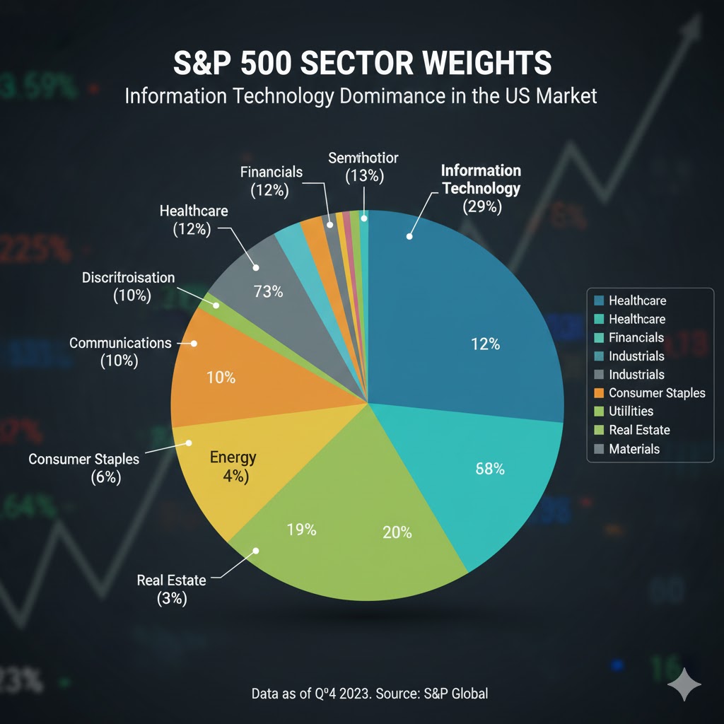 S&P 500 섹터별 비중 원형 그래프, 11개 산업 분산투자 비율 차트