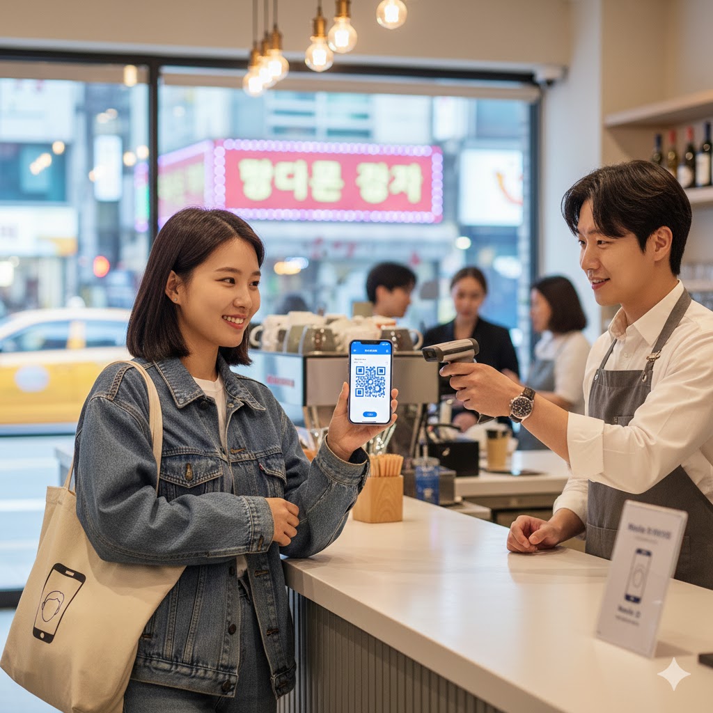 An expat showing their Mobile ID at a Korean convenience store or bank.