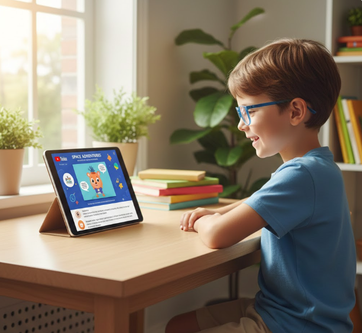 아이들 유튜브 학습 채널로 공부하는 초등학생, 태블릿으로 교육 콘텐츠 시청하는 어린이