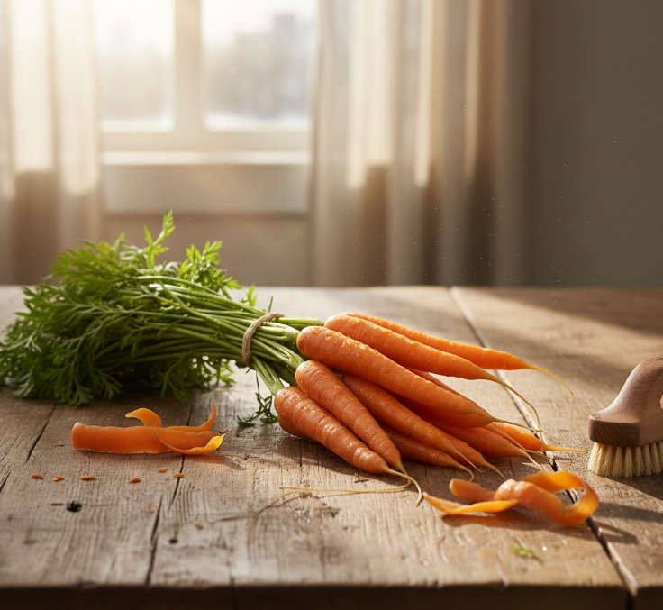 건강한 당근 다이어트를 위해 준비된 신선한 유기농 주황색 당근