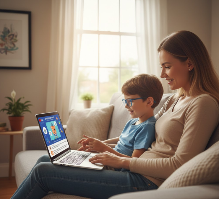 부모와 자녀가 함께 유튜브 학습 콘텐츠 시청, 엄마 아빠와 아이가 교육 영상 보는 모습