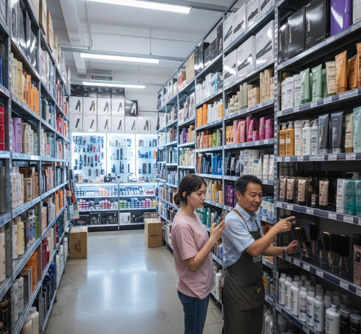 다양한 헤어 제품과 염색약이 가득한 미용 재료상 매장 내부