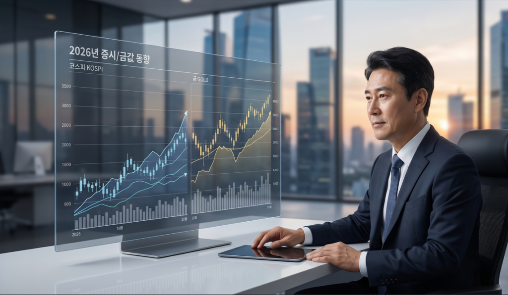 2026년 금값 및 주식 시장 흐름을 보여주는 상승 차트