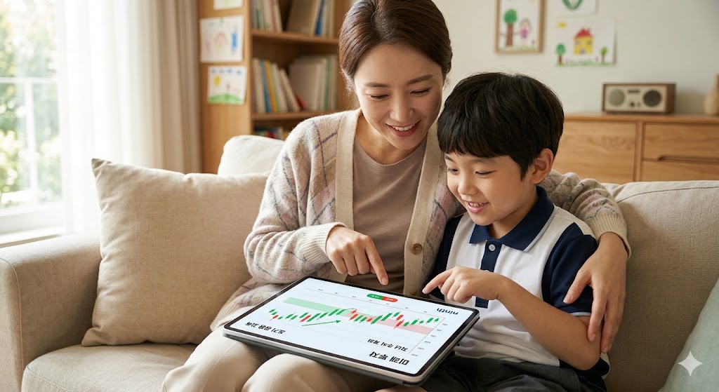  미성년자 자녀 주식 계좌 개설 후 아이와 함께 주식을 공부하는 모습